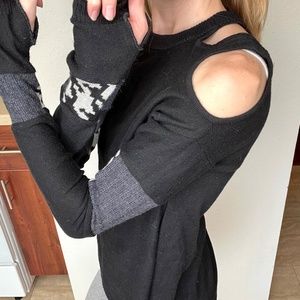 Upcycled Black Patchwork Shirt Size Small Long Sleeve Gray Sweater Thumb Holes S